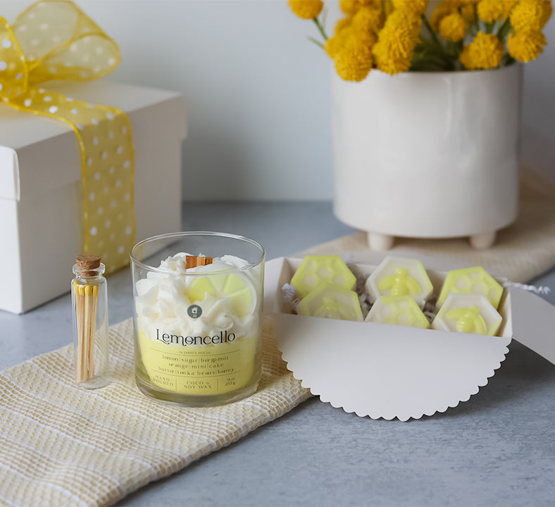 Lemoncello Candle Gift Set – Dessert Candle + Lemon Drop Honeycomb Melts + Matches