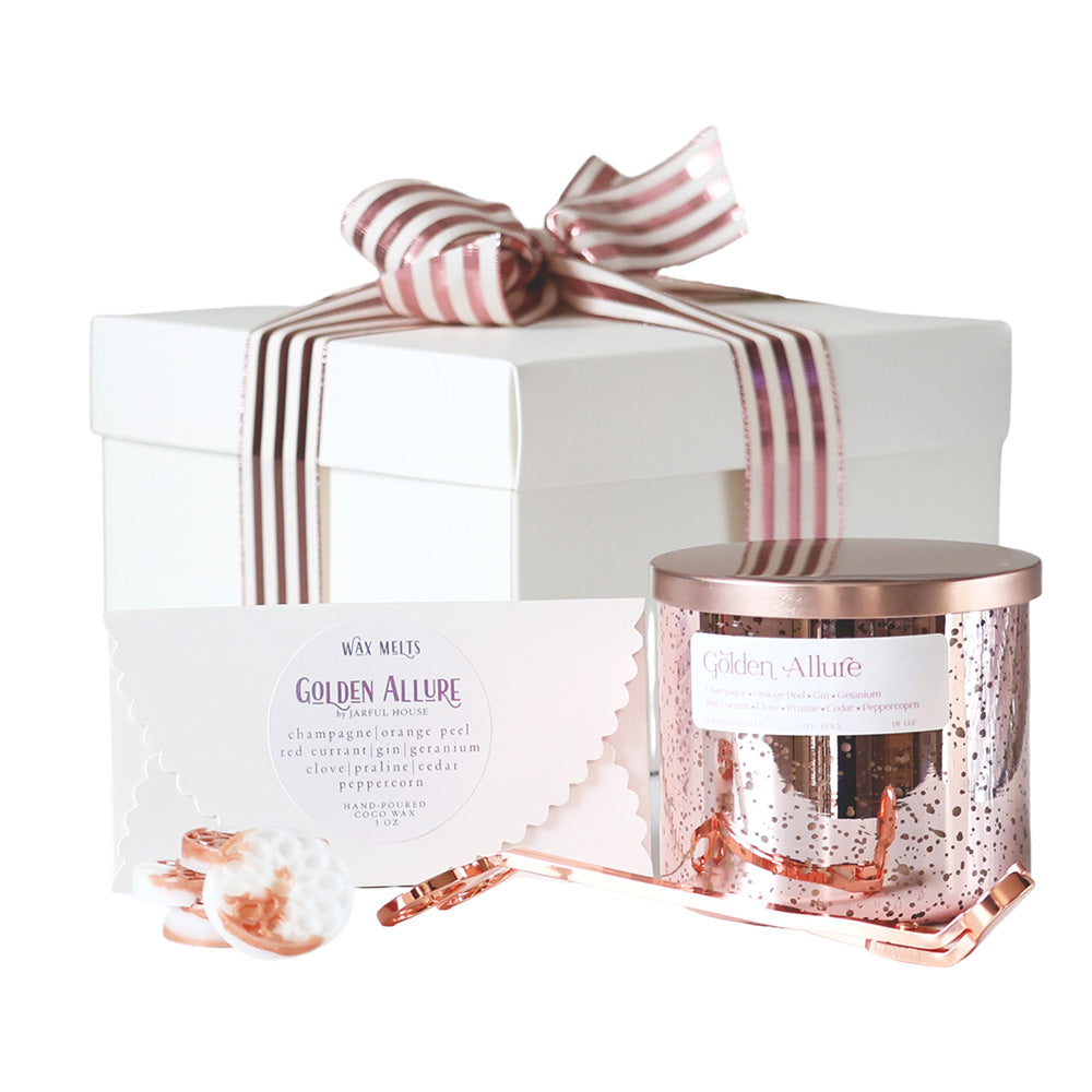 Golden Allure Gift Set: Candle, Wax Melts, Rose Gold Wick Trimmer Bundle