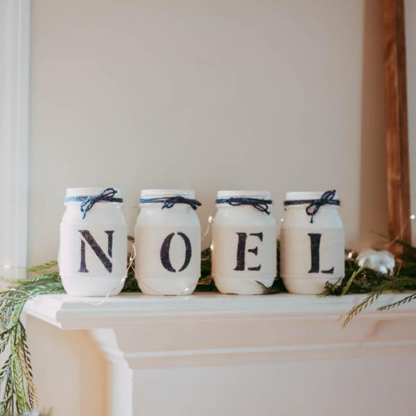 Rustic Christmas Mantel Decor in White and Blue NOEL - One Sided - Jarful House