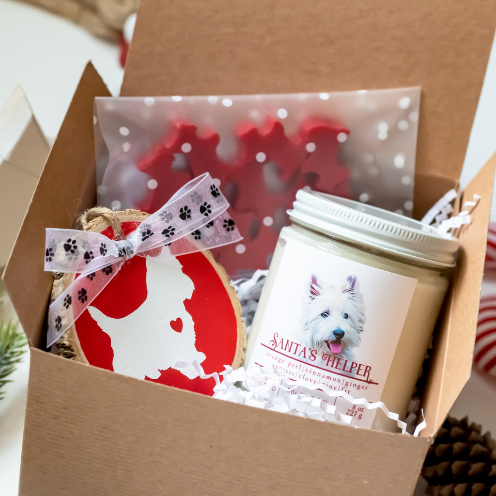 Westie Christmas Gift Bundle | Gift Bundle Santa's Helper Christmas Candle + West Highland White Terrier Ornament + 10 Mini Westie Wax Melt