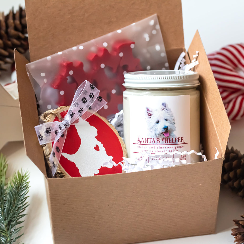 Westie Christmas Gift Bundle | Gift Bundle Santa's Helper Christmas Candle + West Highland White Terrier Ornament + 10 Mini Westie Wax Melt