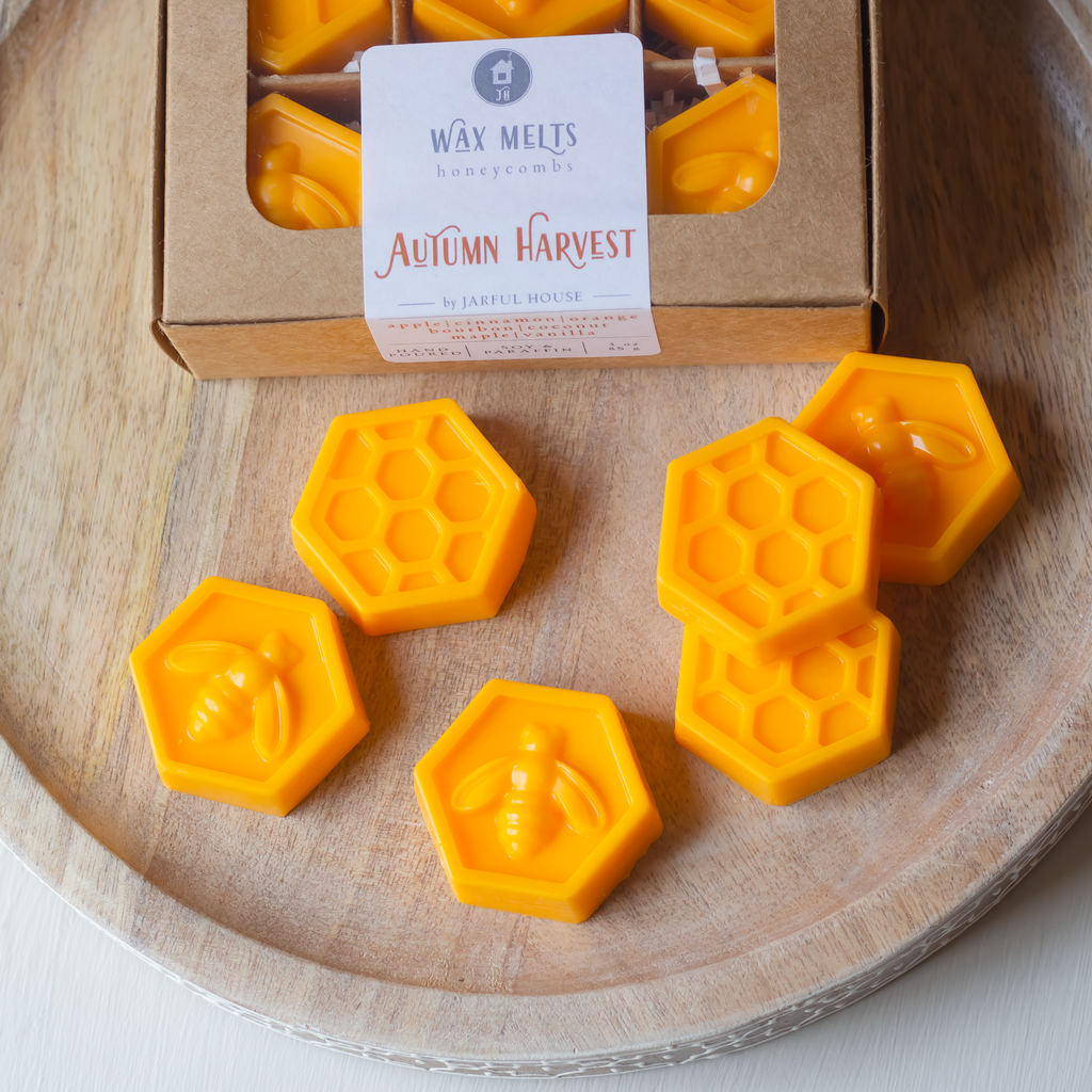 Autumn Harvest Wax Melts - Honeycomb Shaped Set of 6 | Apple, Orange, Cinnamon, Bourbon, Coconut, Butter, Vanilla, Maple Scents | Packed in Kraft Box - Jarful House