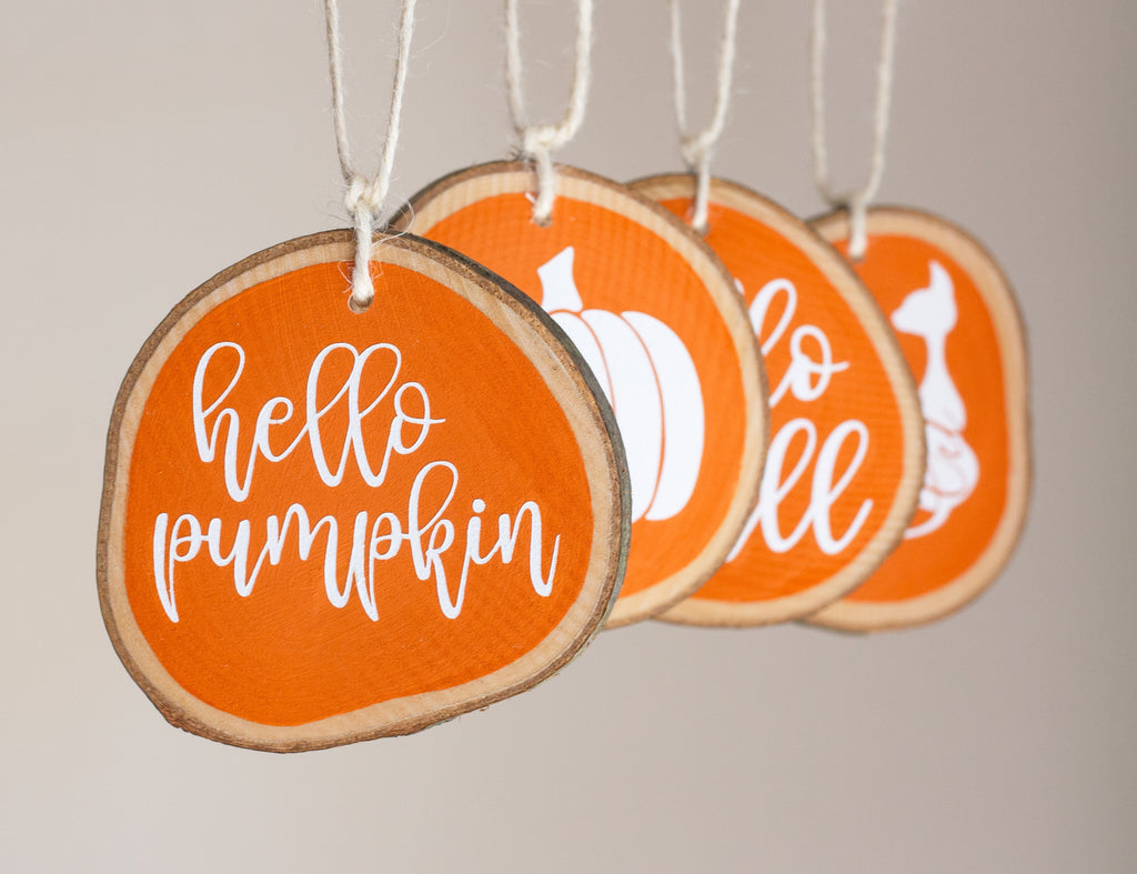 Fall Decor Ornaments Set of 4 - Tiered Tray Decor Halloween Fall Thanksgiving - Orange White Wood Slices