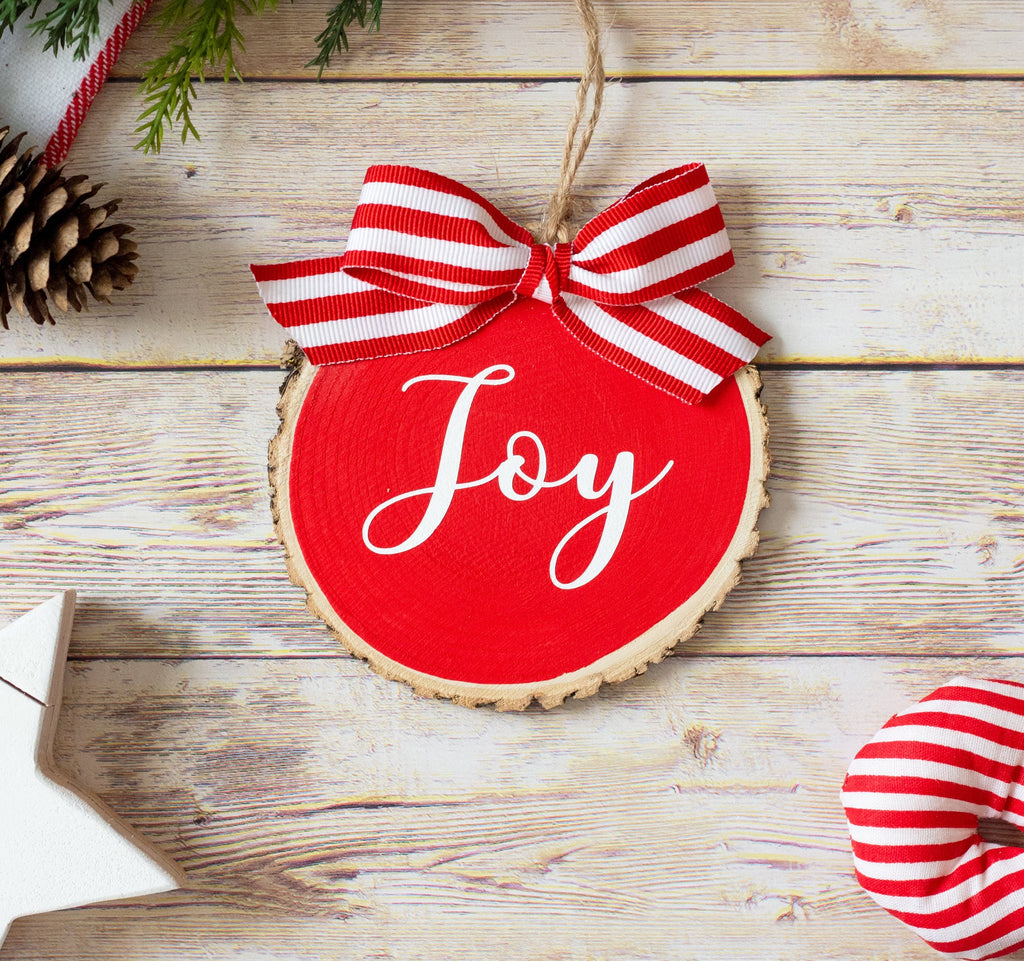 Christmas Ornaments Set Peace Joy Merry | Red White Wood Slices - Set of 3