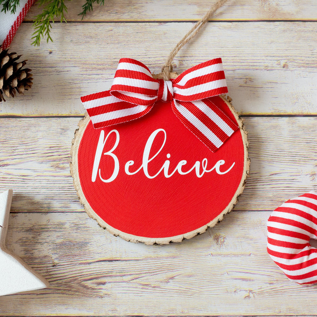 Farmhouse Christmas Ornaments Set of 3 | Red White Wood Slices - Believe Noel Joy