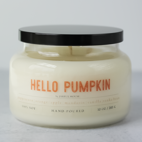 fall soy candle hello pumpkin orange apple mandarin vanilla peppercorn