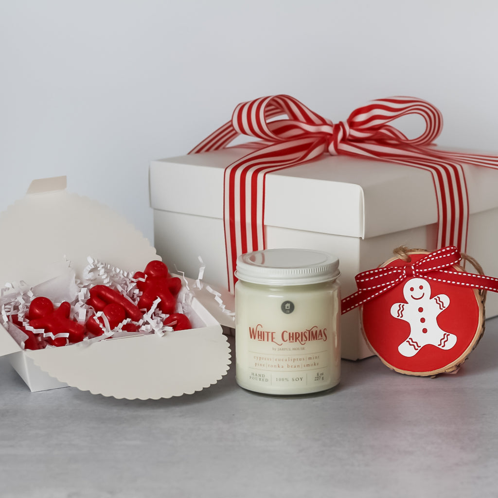 Christmas Candle Wax Melts Gift Set | Scented Soy Candle White Christmas +  Gingerbread Ornament + 2 Large Wax Melts - Jarful House