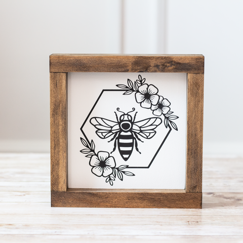 Summer Decor Bee Flower Wreath Sign -7x7 inches