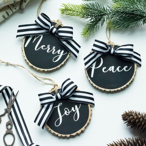 Christmas Ornaments Set Peace Joy Merry | Farmhouse Black White Wood Slices with Ribbon  - Set of 3