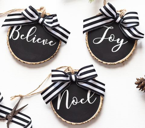 Christmas Ornaments Set Believe Joy Noel Black White - Set of 3 with Gift Box