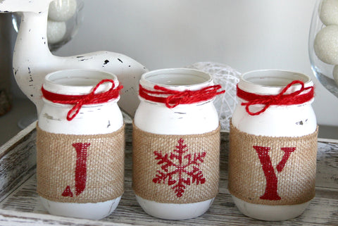 Rustic Farmhouse White & Red Christmas Decor - JOY Table Centerpiece - Jarful House