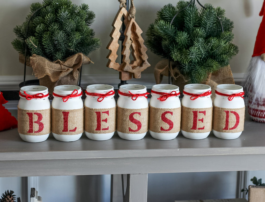 Christmas Decor Blessed Mason Jar Table Centerpiece - White Red - One Sided