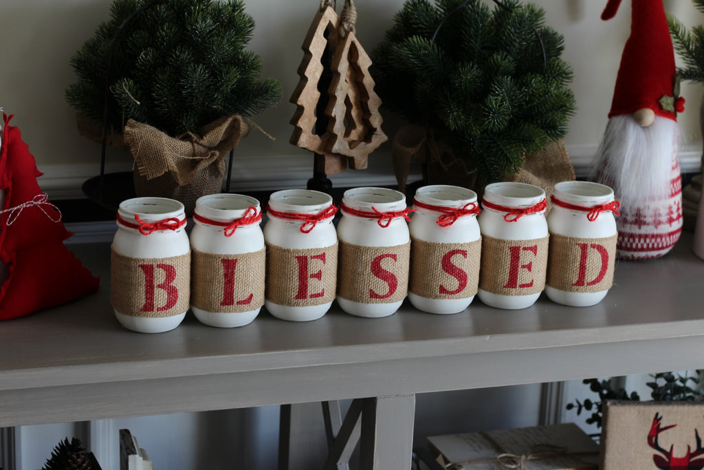 Christmas Decor Blessed Farmhouse Table Centerpiece - White Red - Double Sided