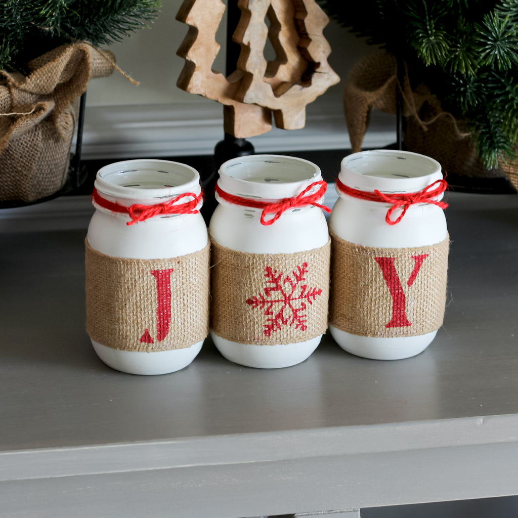 Christmas Table Decor JOY Mason Jar Set - White Red