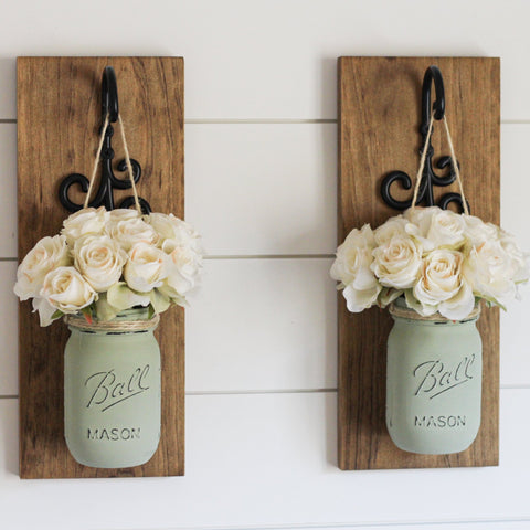 Farmhouse Wall Decor Rustic Sconces | Hanging Mason Jar Decorations - Jarful House