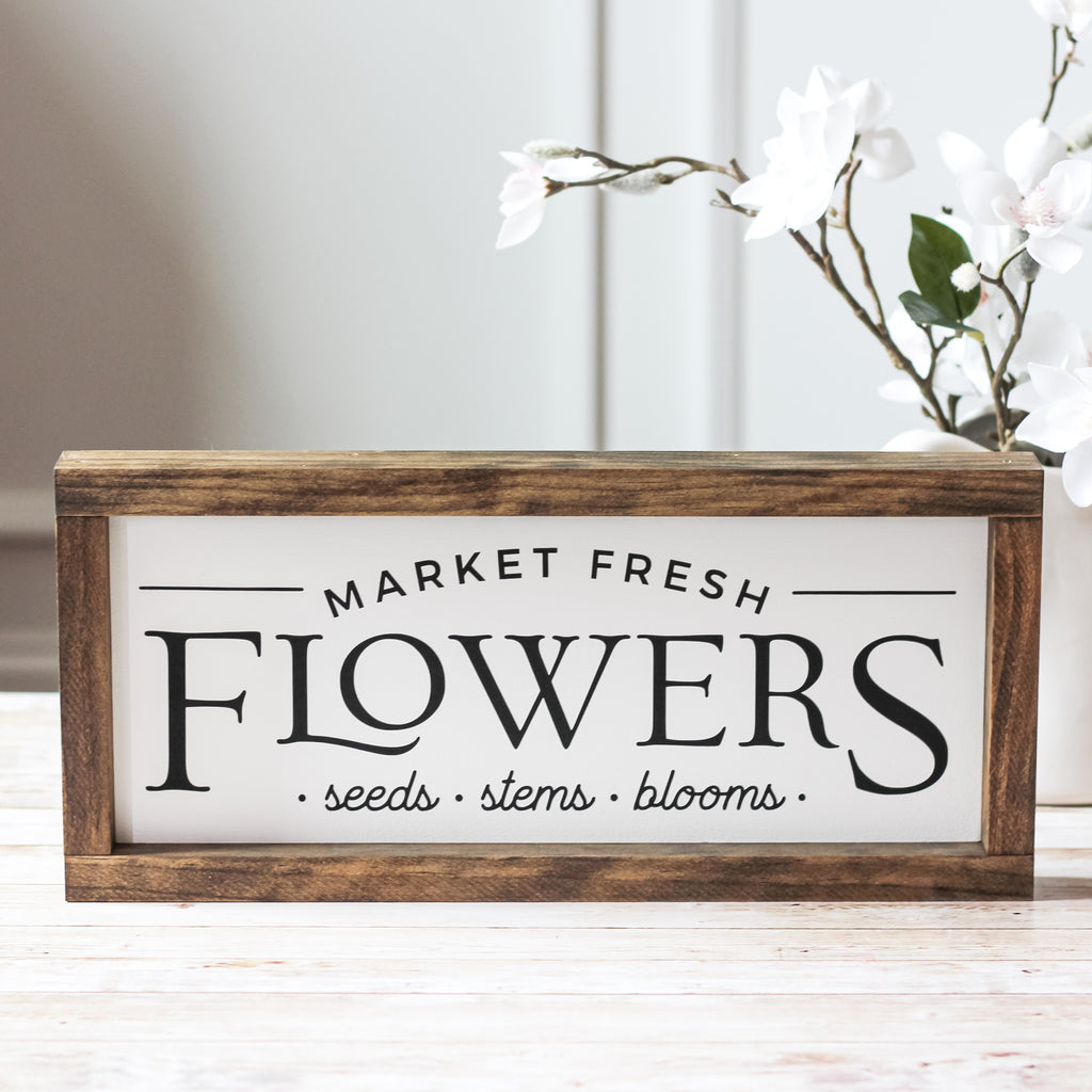 farmhouse wood sign market fresh flowers