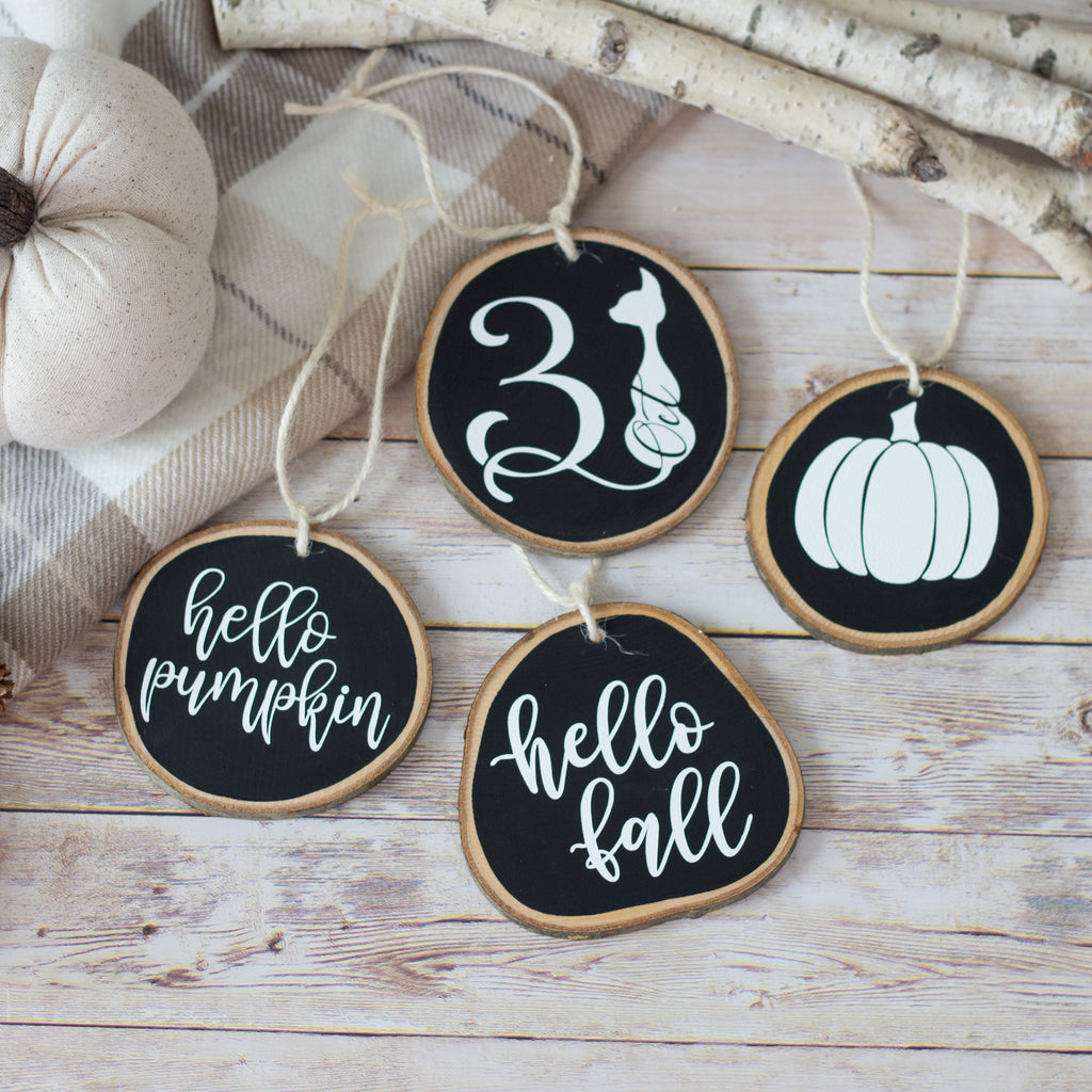 Fall Home Decor Ornaments Set of 4 | Halloween Fall Tiered Tray Decor - Black White Wood Slices