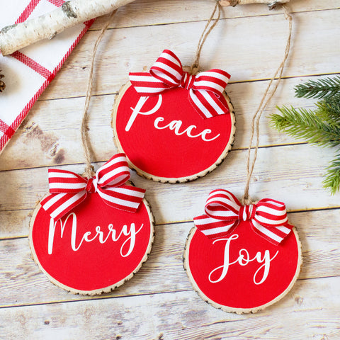 Farmhouse Christmas Ornaments Set of 3  Red White Wood Slices - Believe  Noel Joy